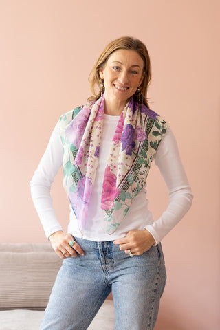 Rose Garden Purple, Square Cotton Scarf